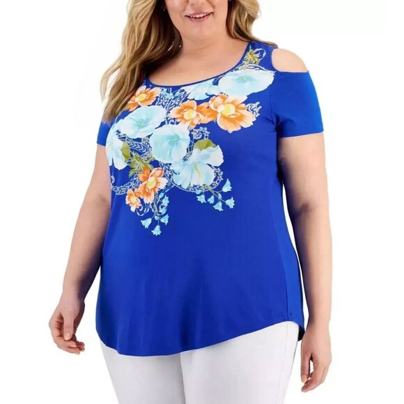 JM Collection Women's Plus Size 2X Tropic Floral Cold-Shoulder Top MLT8102AFA - Picture 1 of 3